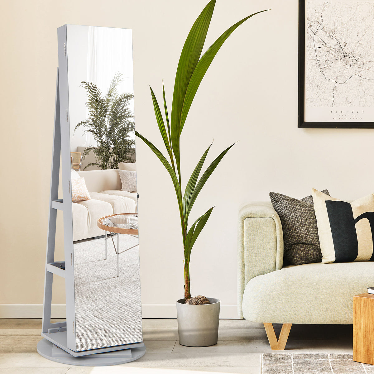 360° Rotating Jewelry Cabinet with LED Mirror - Gray, 5 Shelves