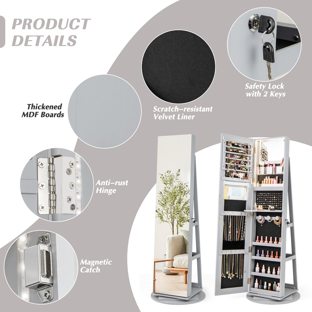 360° Rotating Jewelry Cabinet with LED Mirror - Gray, 5 Shelves