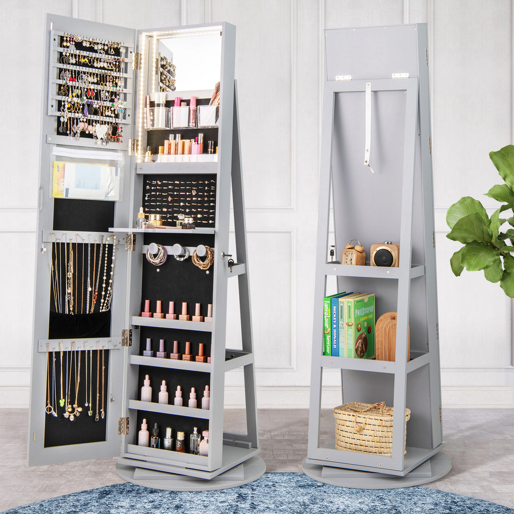 360° Rotating Jewelry Cabinet with LED Mirror - Gray, 5 Shelves