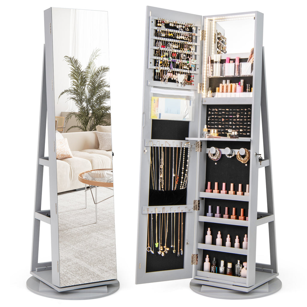 360° Rotating Jewelry Cabinet with LED Mirror - Gray, 5 Shelves