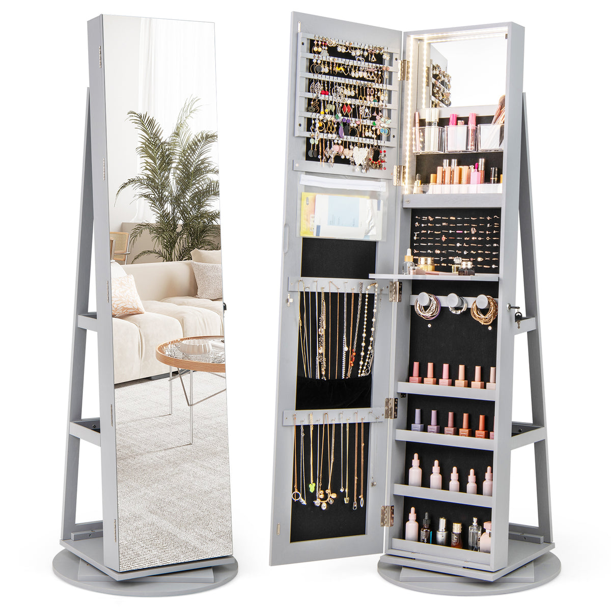360° Rotating Jewelry Cabinet with LED Mirror - Gray, 5 Shelves