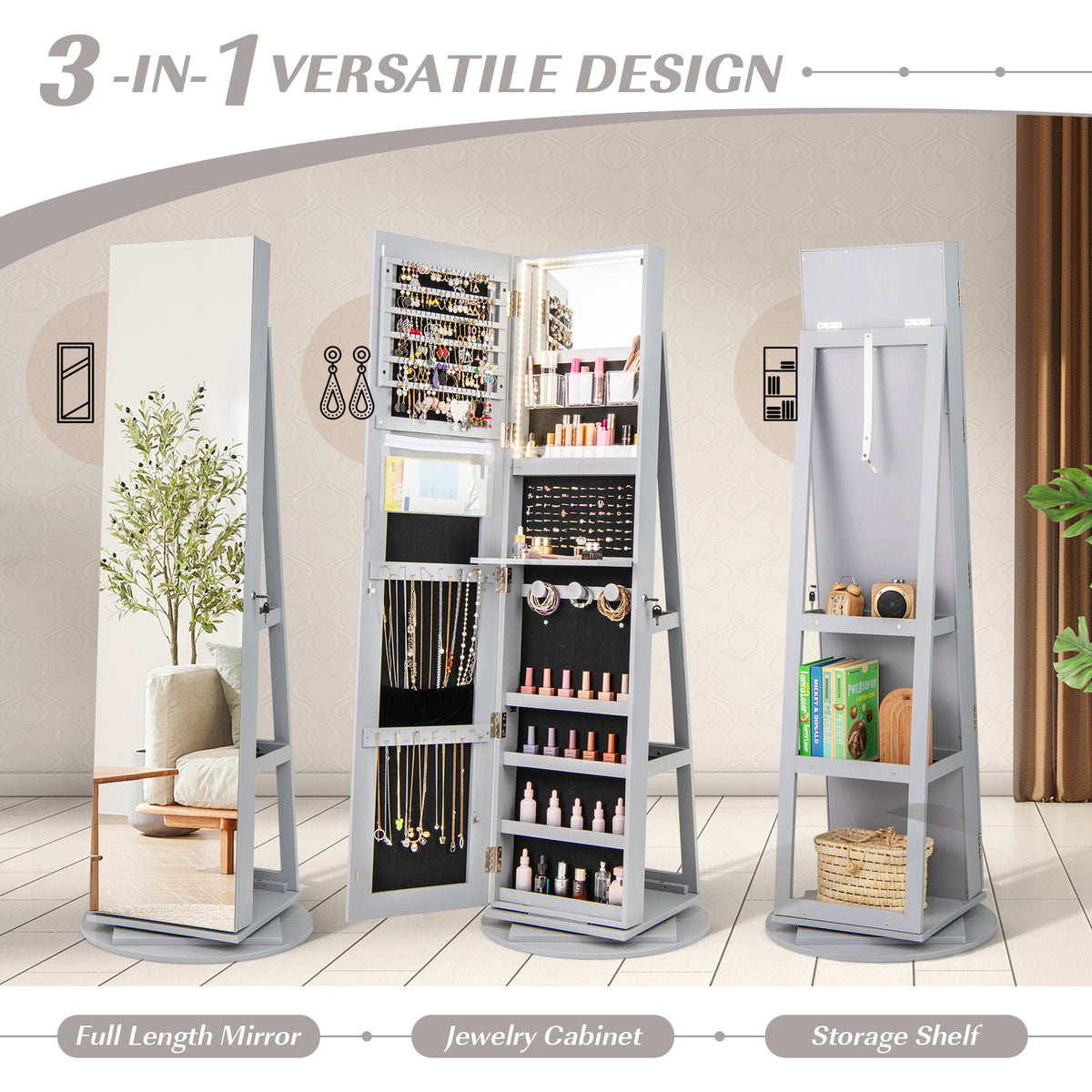 360° Rotating Jewelry Cabinet with LED Mirror - Gray, 5 Shelves