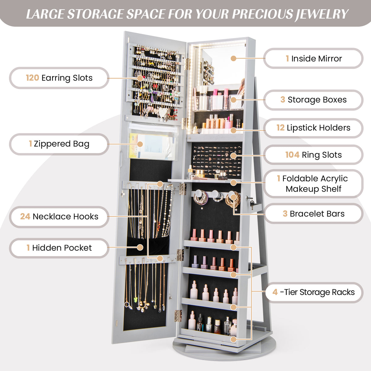 360° Rotating Jewelry Cabinet with LED Mirror - Gray, 5 Shelves