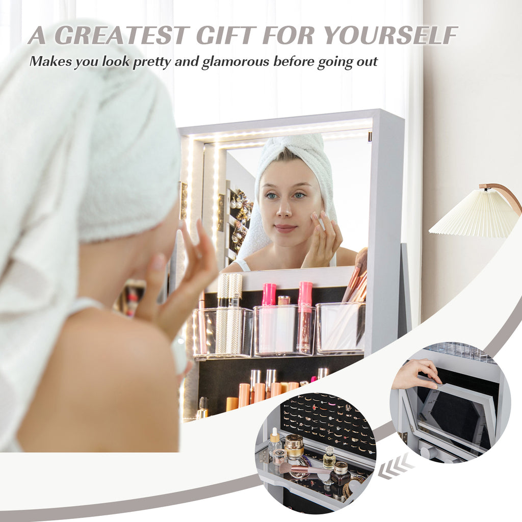 360° Rotating Jewelry Cabinet with LED Mirror - Gray, 5 Shelves