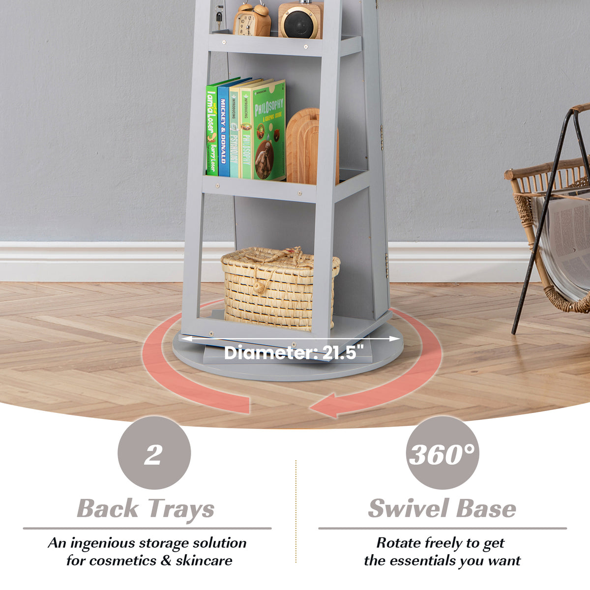 360° Rotating Jewelry Cabinet with LED Mirror - Gray, 5 Shelves