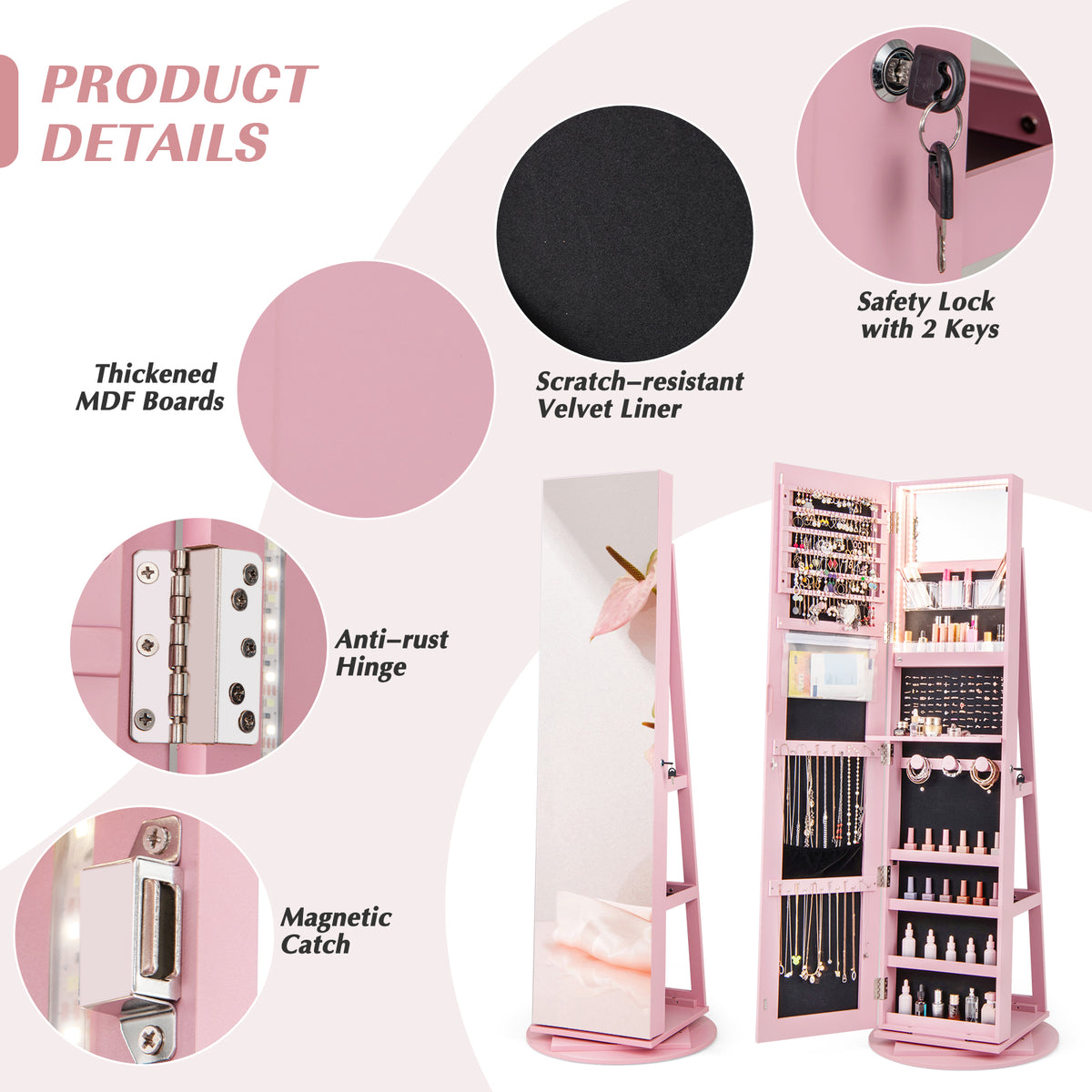 360° Rotating Jewelry Cabinet Armoire LED Mirror - Pink