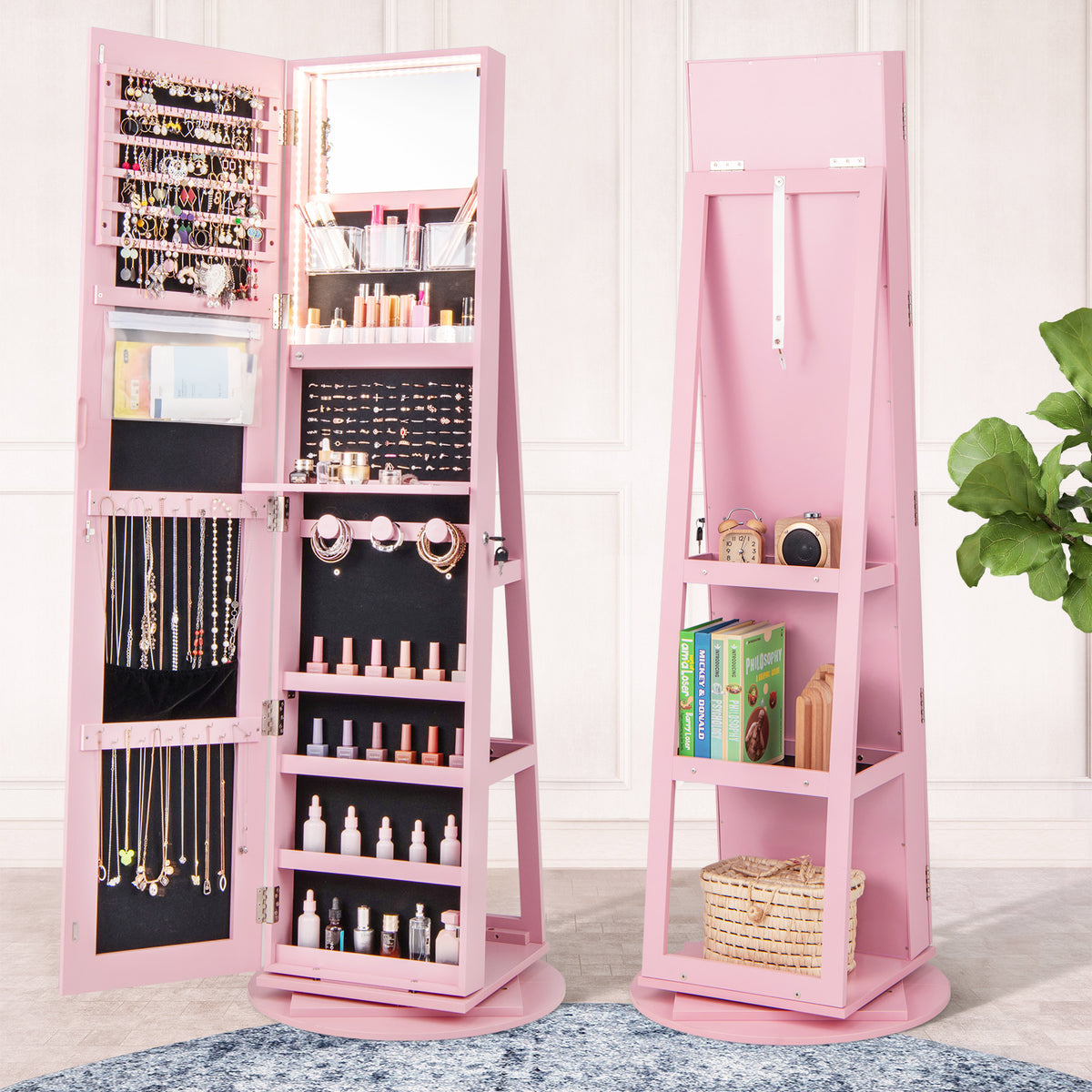360° Rotating Jewelry Cabinet Armoire LED Mirror - Pink