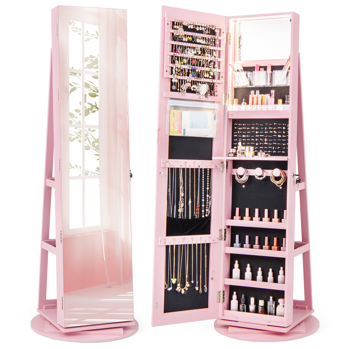 360° Rotating Jewelry Cabinet Armoire LED Mirror - Pink