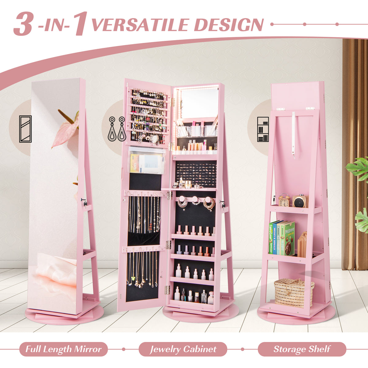 360° Rotating Jewelry Cabinet Armoire LED Mirror - Pink