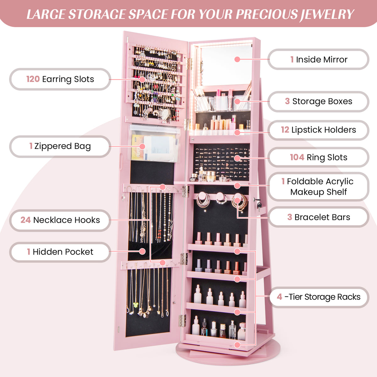 360° Rotating Jewelry Cabinet Armoire LED Mirror - Pink