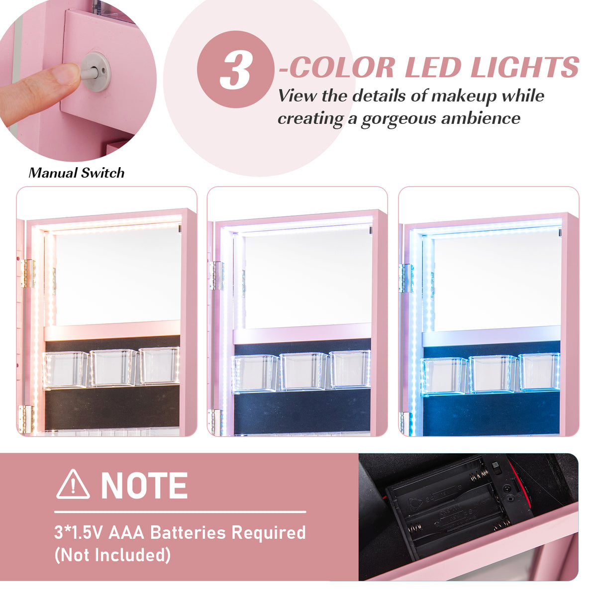 360° Rotating Jewelry Cabinet Armoire LED Mirror - Pink