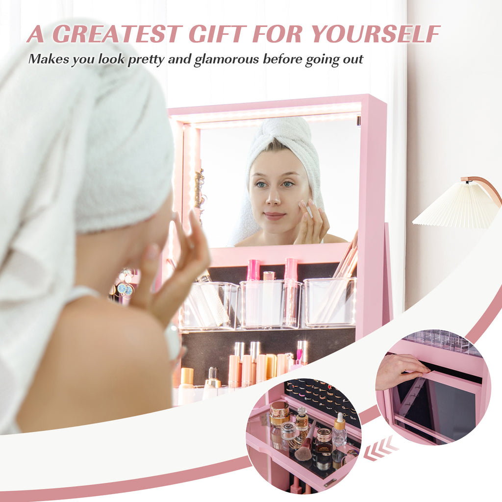 360° Rotating Jewelry Cabinet Armoire LED Mirror - Pink