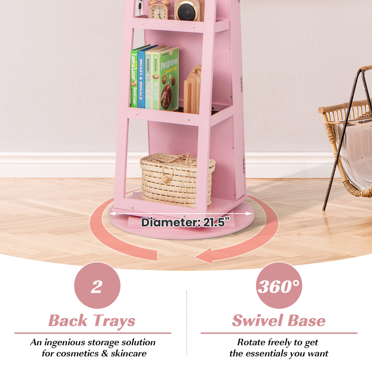 360° Rotating Jewelry Cabinet Armoire LED Mirror - Pink