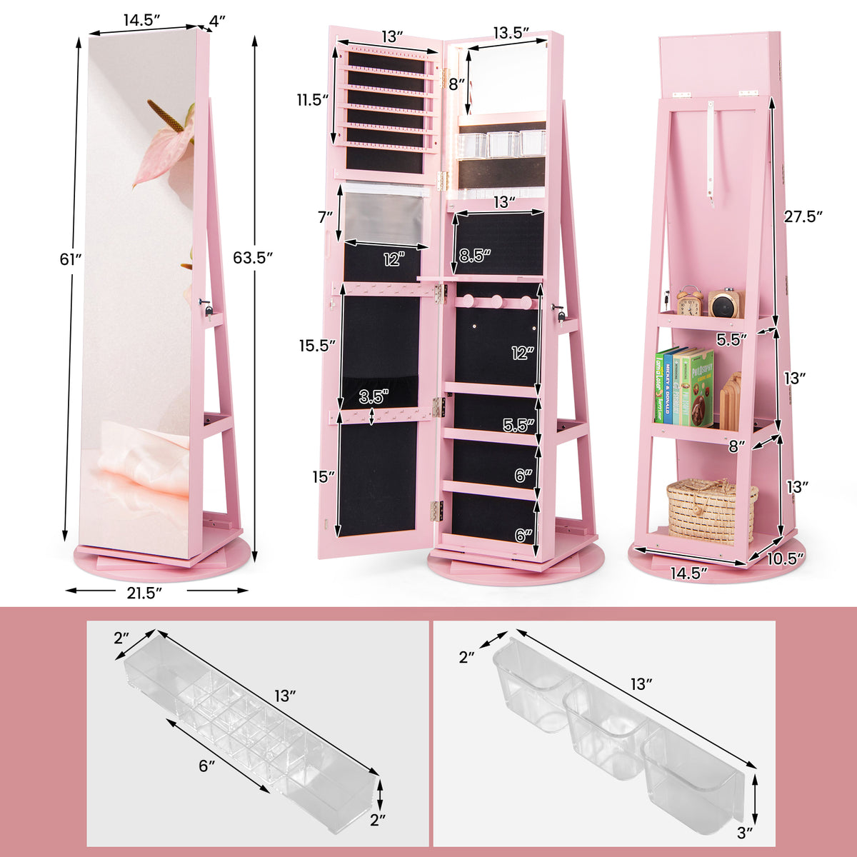 360° Rotating Jewelry Cabinet Armoire LED Mirror - Pink