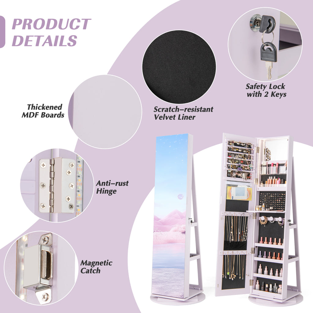 360° Rotating Jewelry Cabinet with LED Mirror - Purple, 5 Shelves