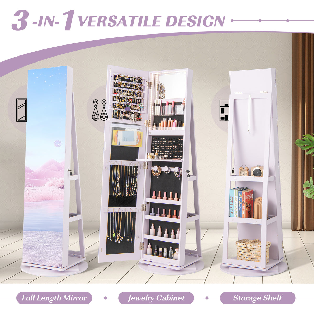 360° Rotating Jewelry Armoire with LED Mirror - Purple, 5 Shelves