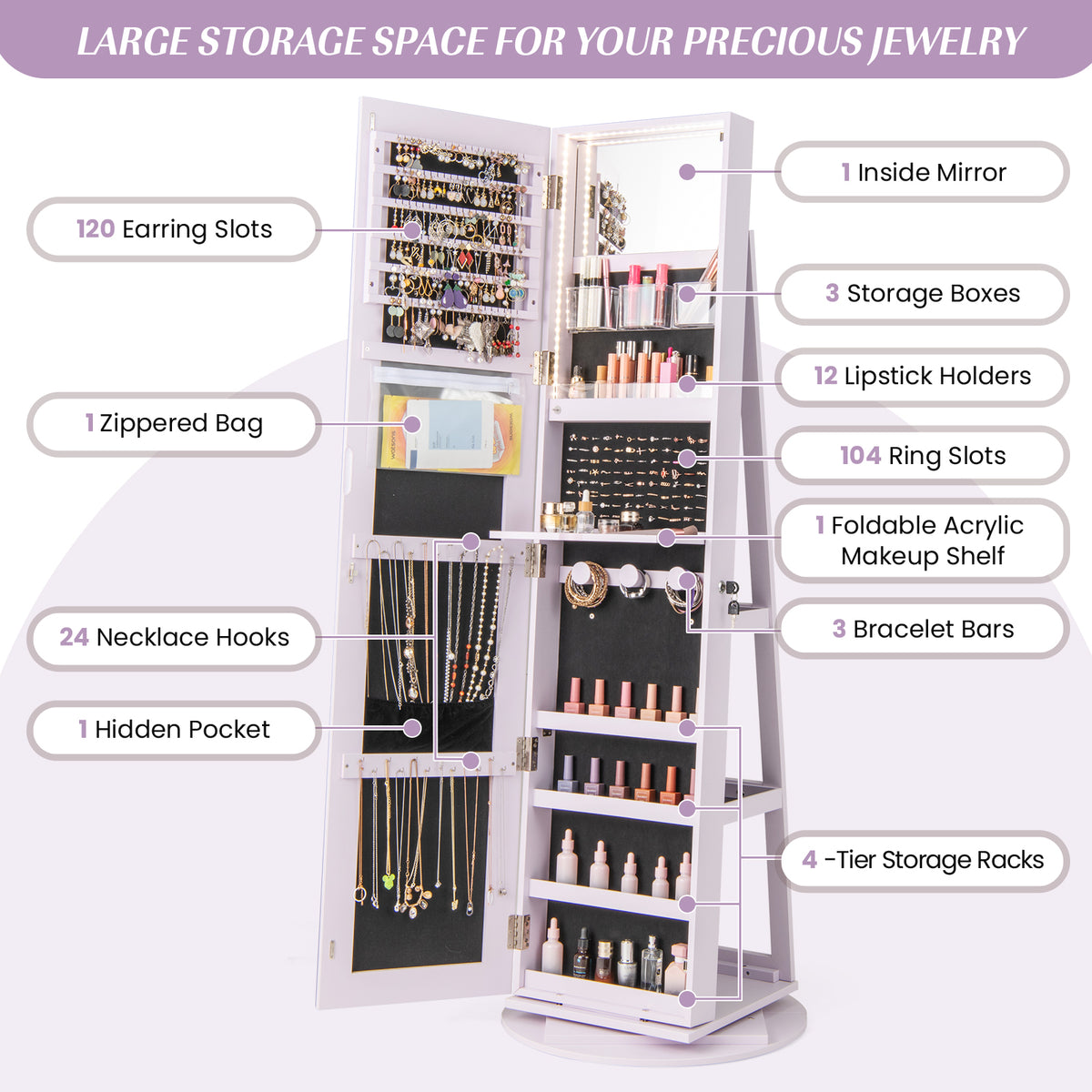 360° Rotating Jewelry Armoire with LED Mirror - Purple, 5 Shelves