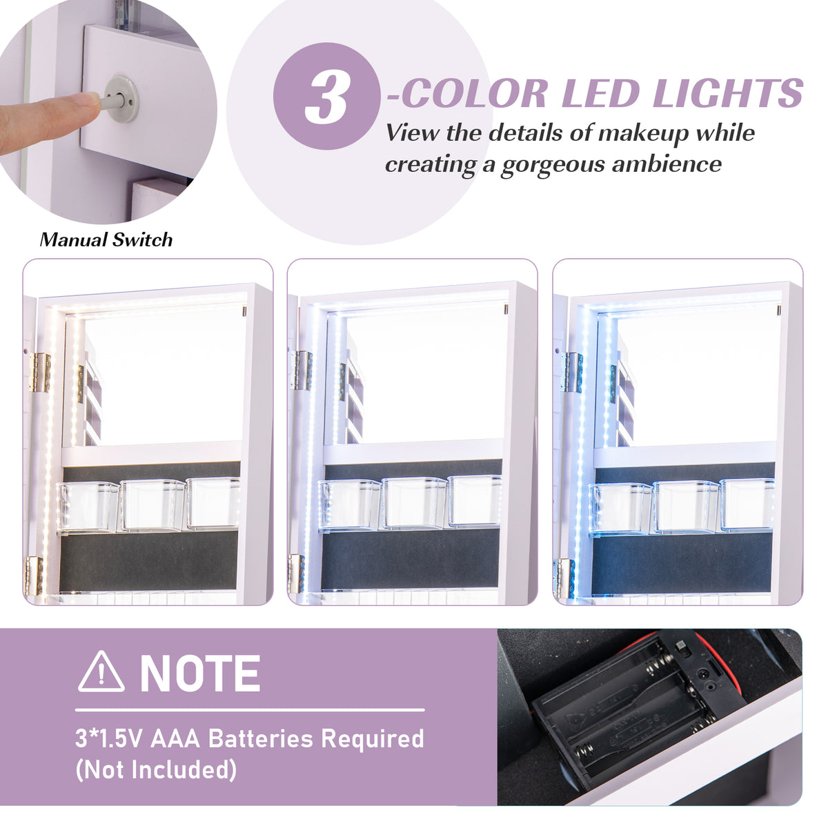 360° Rotating Jewelry Cabinet with LED Mirror - Purple, 5 Shelves