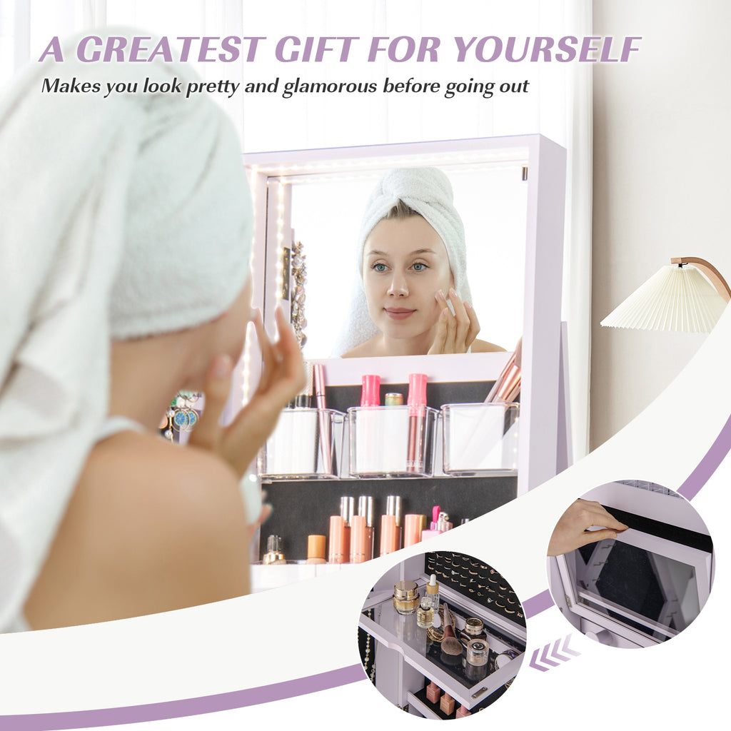 360° Rotating Jewelry Cabinet with LED Mirror - Purple, 5 Shelves