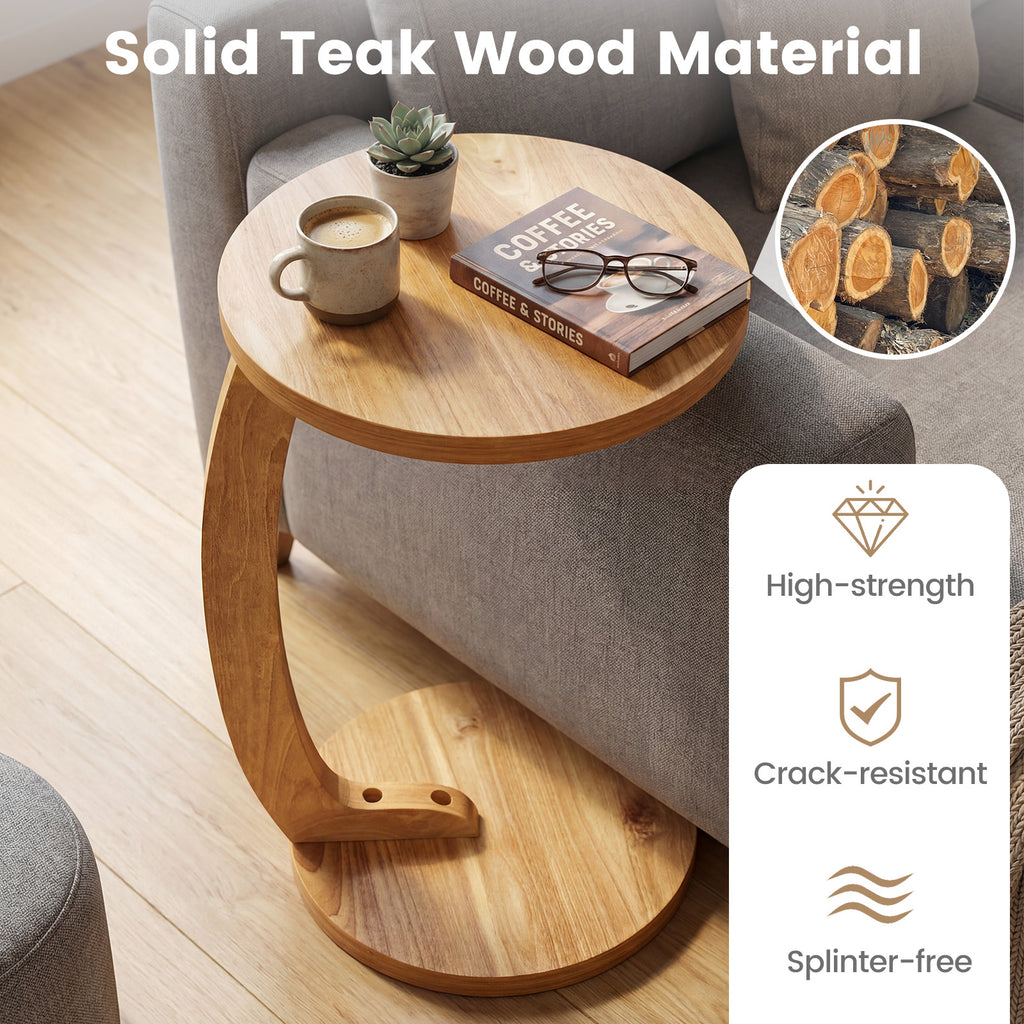 24 Inch Round C-Shaped Side Table with Teak Wood Top