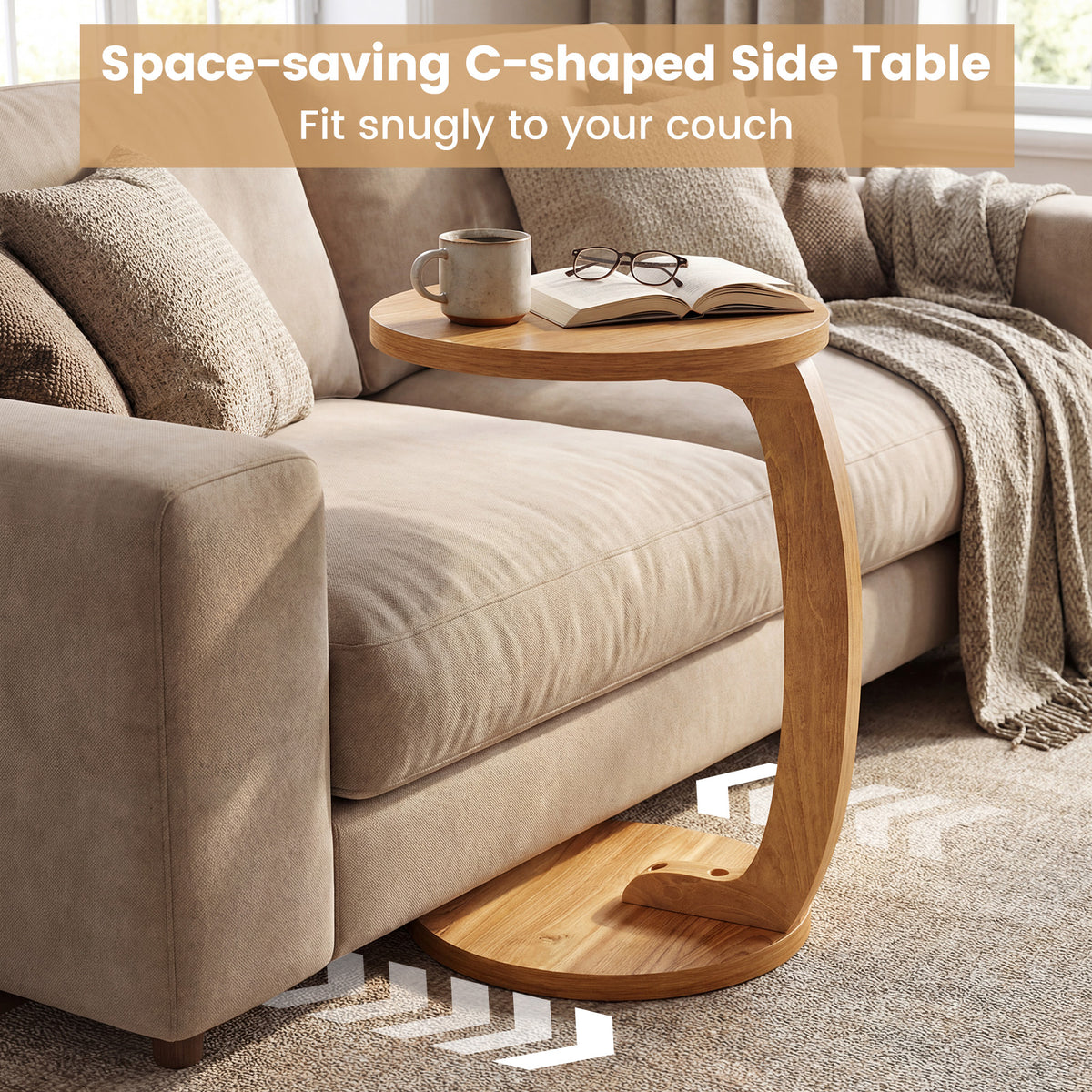 24 Inch Round C-Shaped Side Table with Teak Wood Top