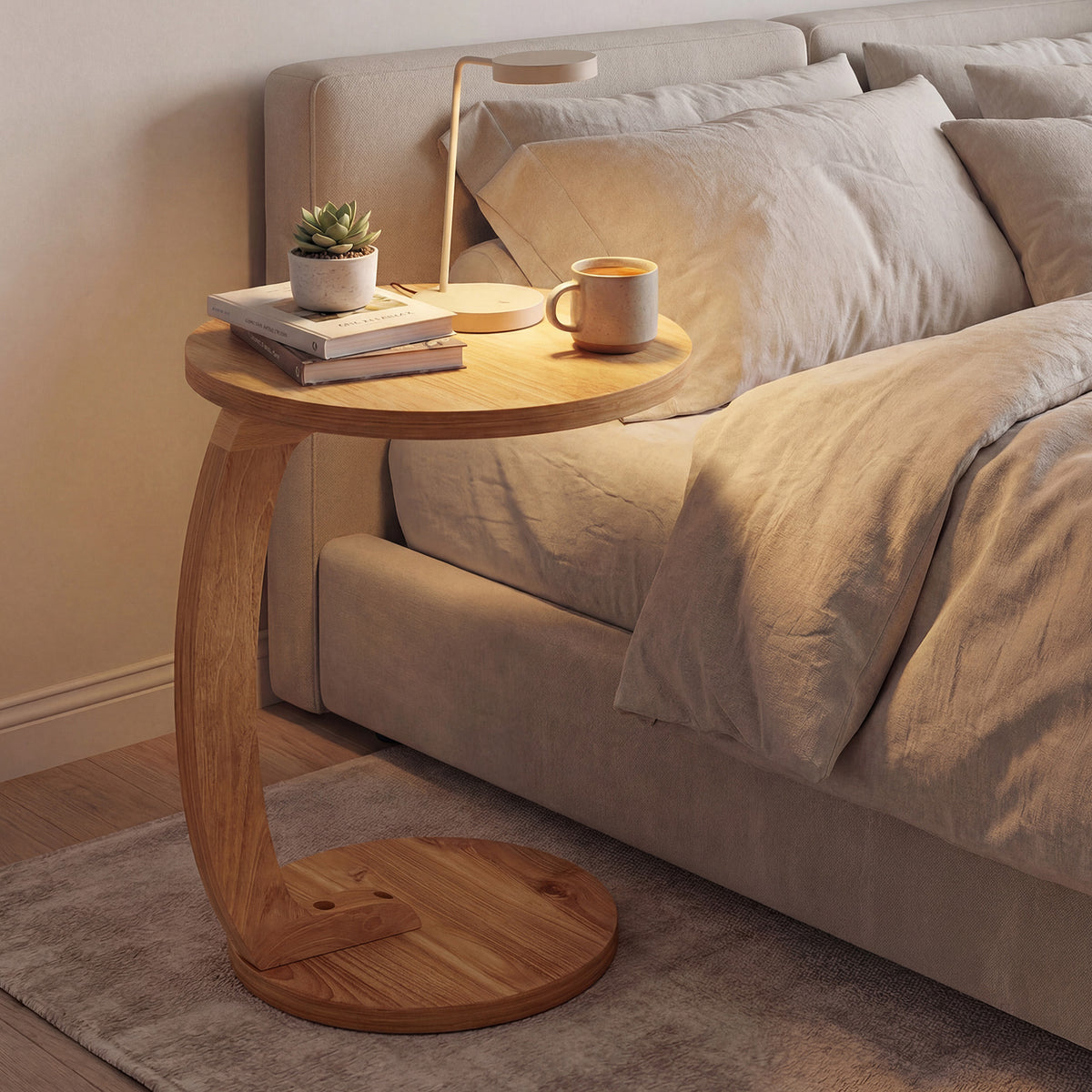 24 Inch Round C-Shaped Side Table with Teak Wood Top