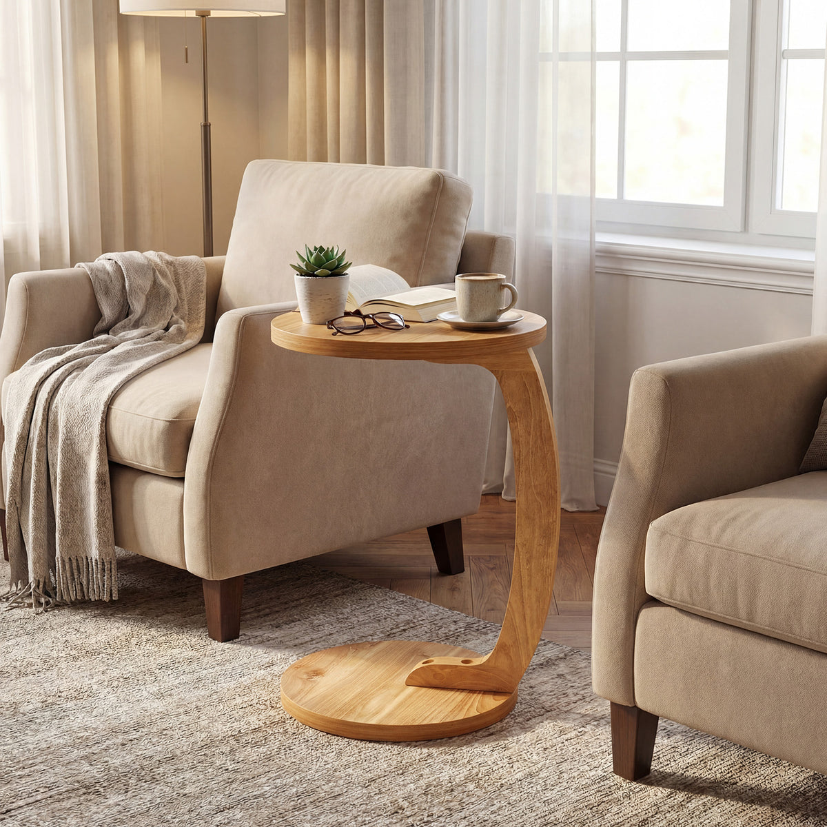 24 Inch Round C-Shaped Side Table with Teak Wood Top