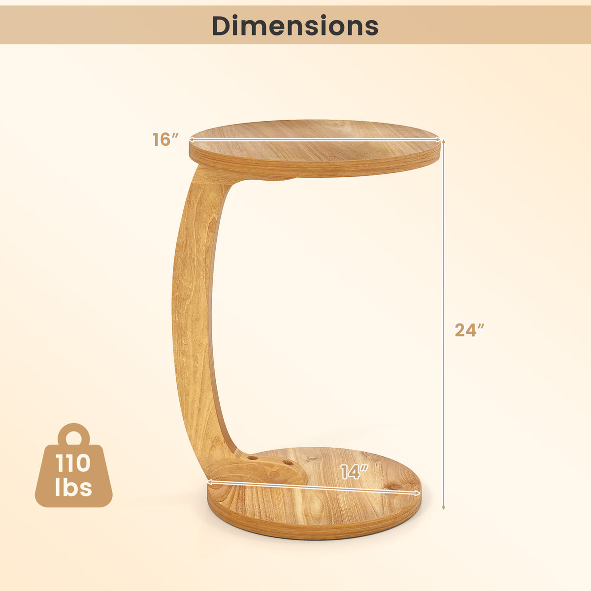 24 Inch Round C-Shaped Side Table with Teak Wood Top