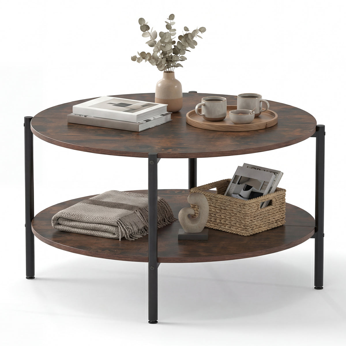 Round Coffee Table 2-Tier Industrial Rustic Brown