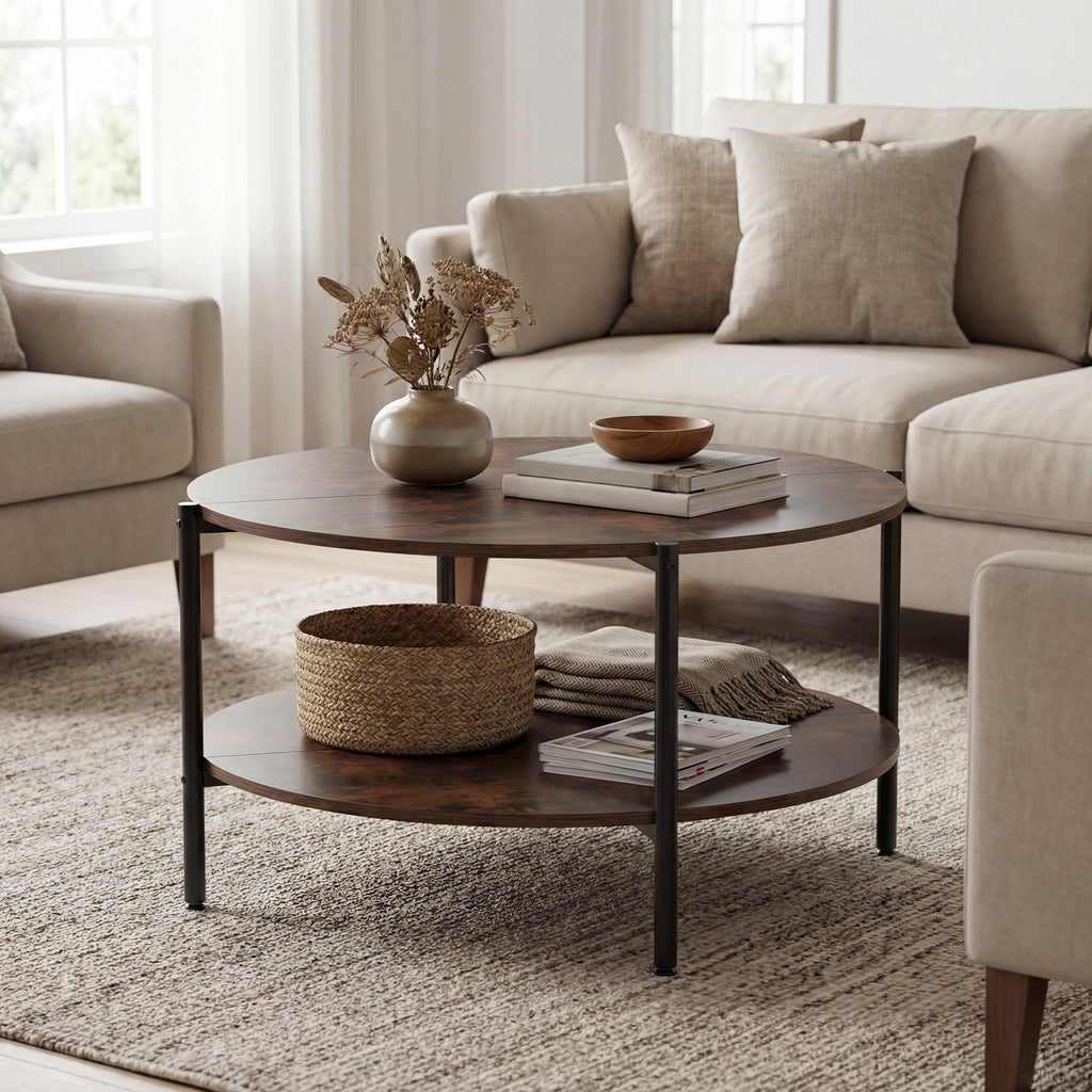 Round Coffee Table 2-Tier Industrial Rustic Brown