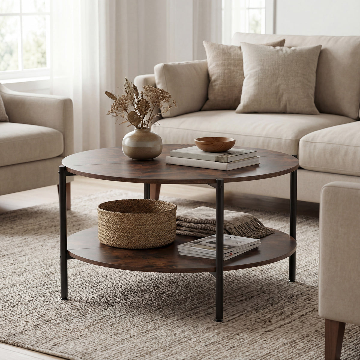 Round Coffee Table 2-Tier Industrial Rustic Brown