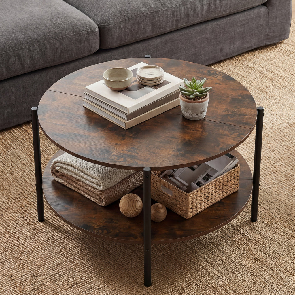 Round Coffee Table 2-Tier Industrial Rustic Brown
