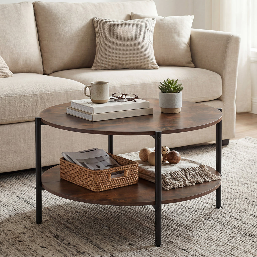 Round Coffee Table 2-Tier Industrial Rustic Brown