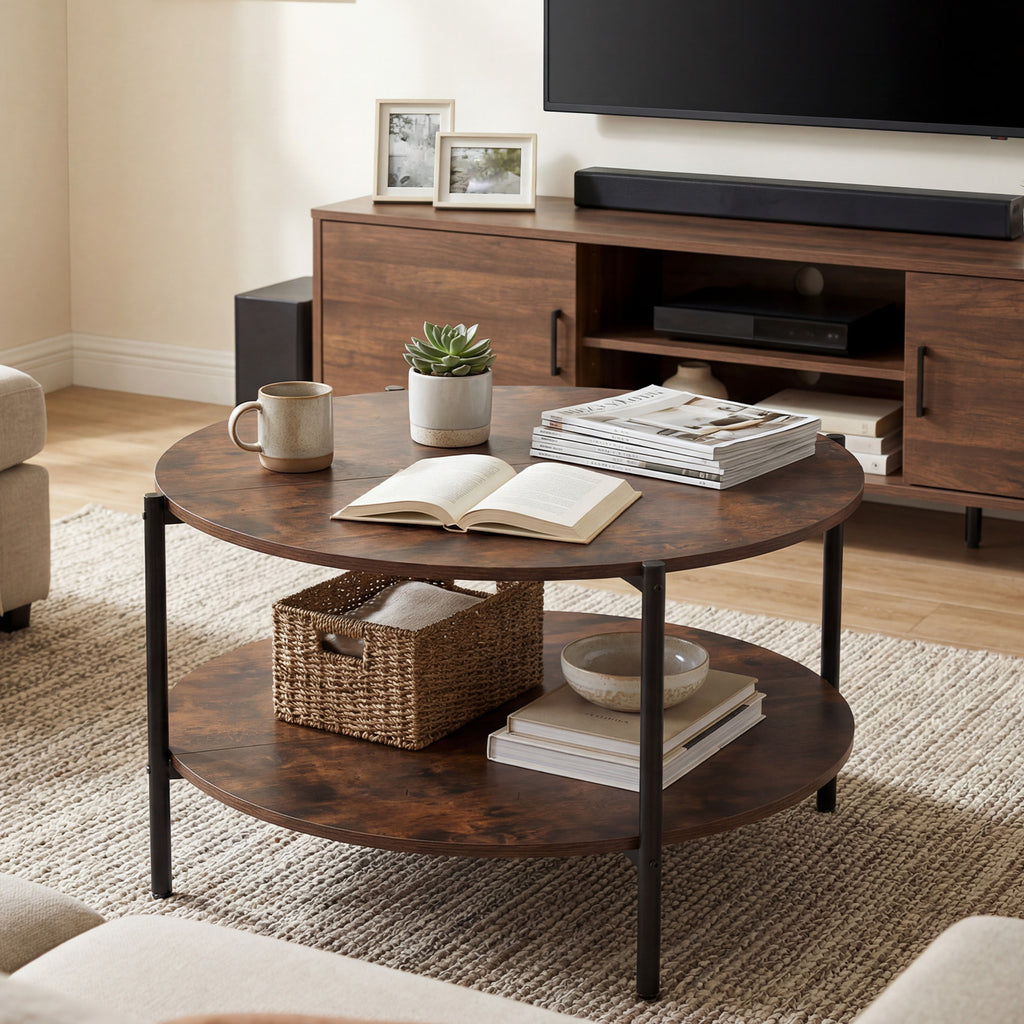 Round Coffee Table 2-Tier Industrial Rustic Brown
