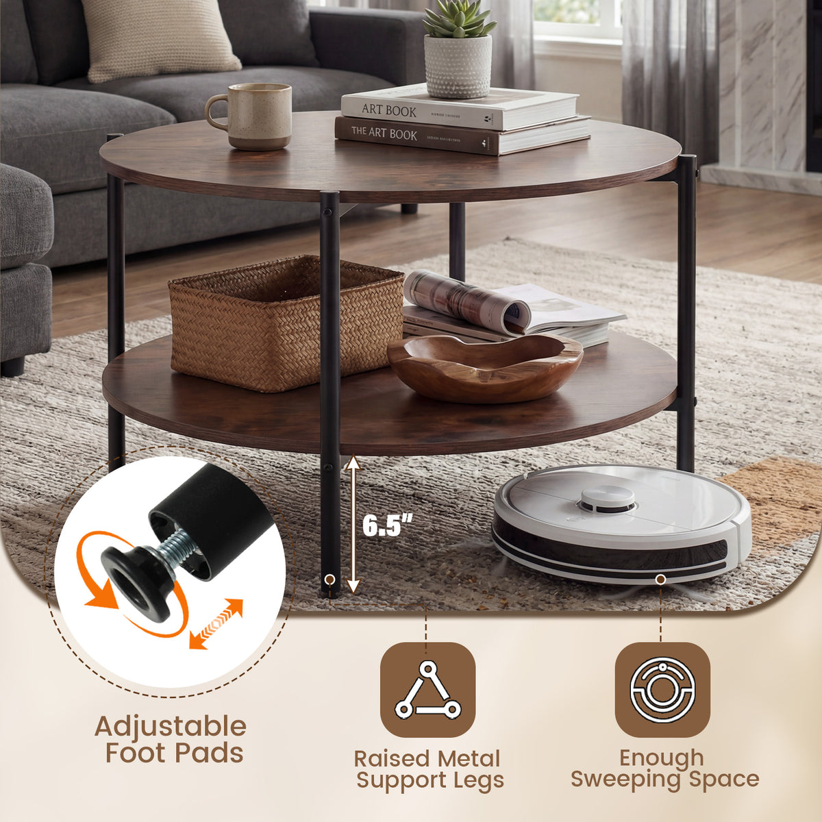 Round Coffee Table 2-Tier Industrial Rustic Brown