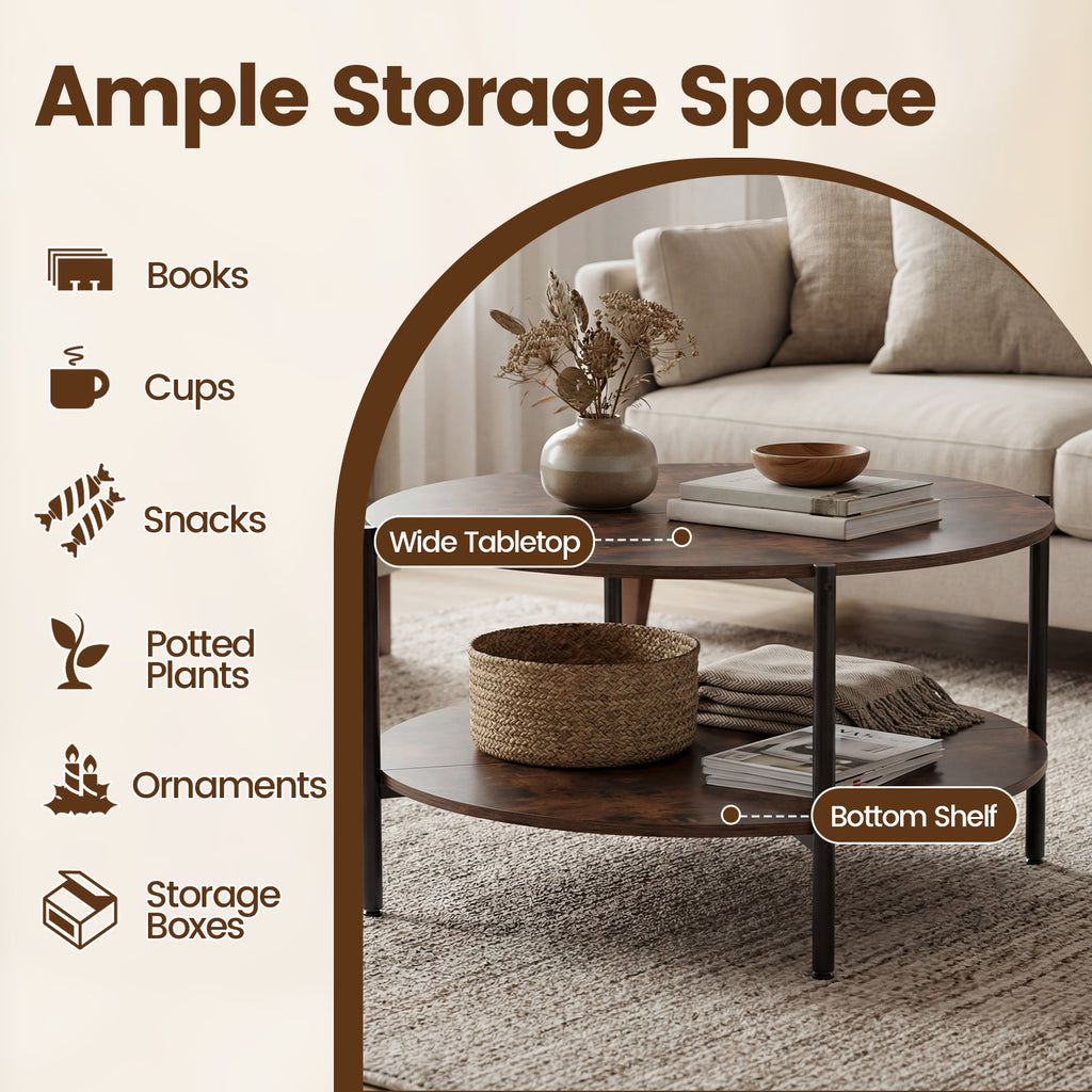 Round Coffee Table 2-Tier Industrial Rustic Brown