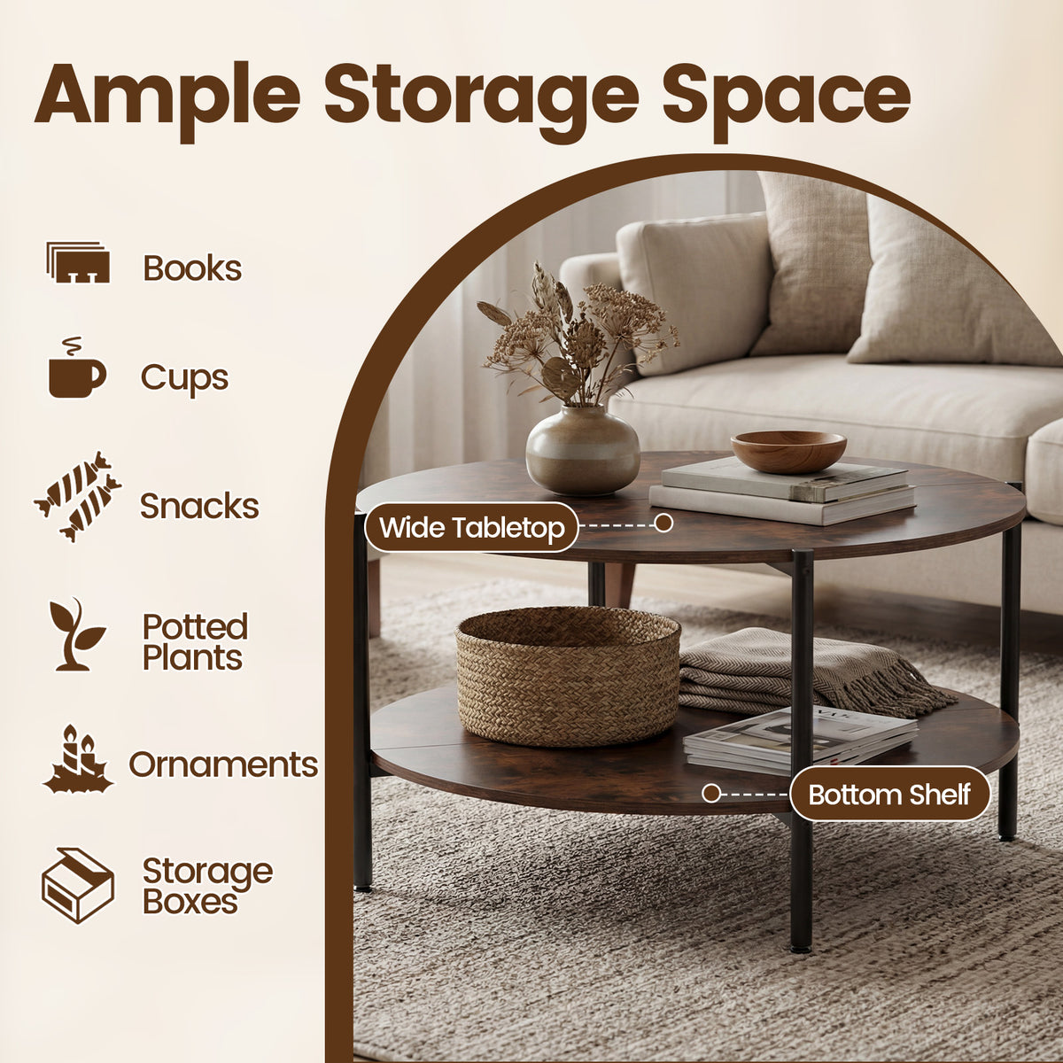 Round Coffee Table 2-Tier Industrial Rustic Brown