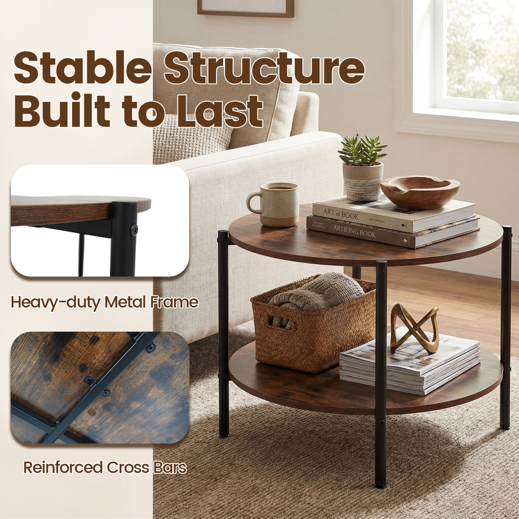 Round Coffee Table 2-Tier Industrial Rustic Brown
