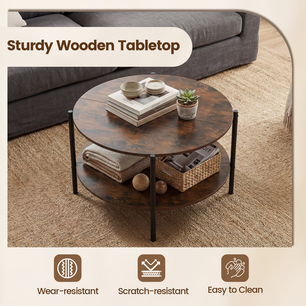 Round Coffee Table 2-Tier Industrial Rustic Brown