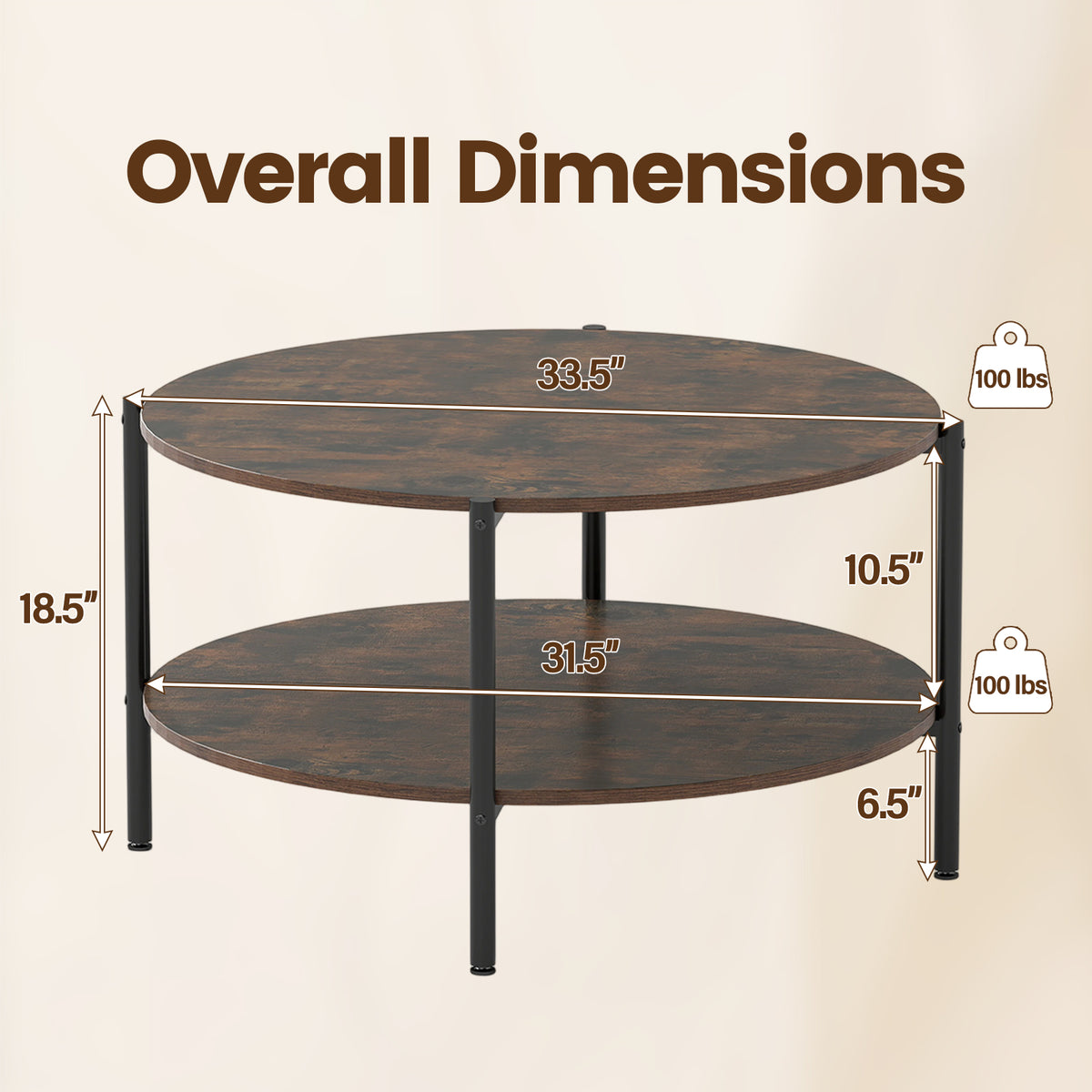 Round Coffee Table 2-Tier Industrial Rustic Brown
