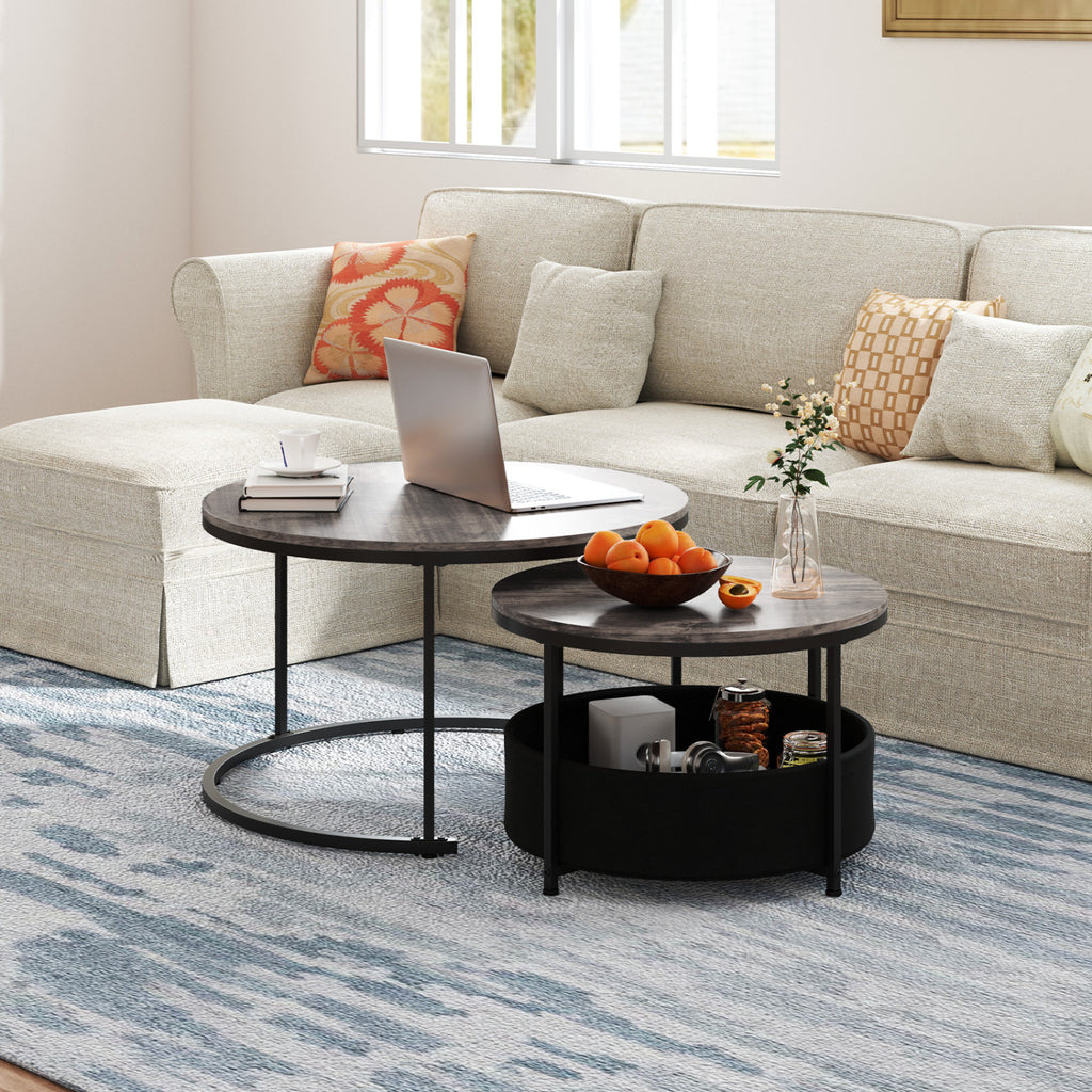 Round Coffee Table Set of 2 (31.5" & 24") with Storage Basket - Brown