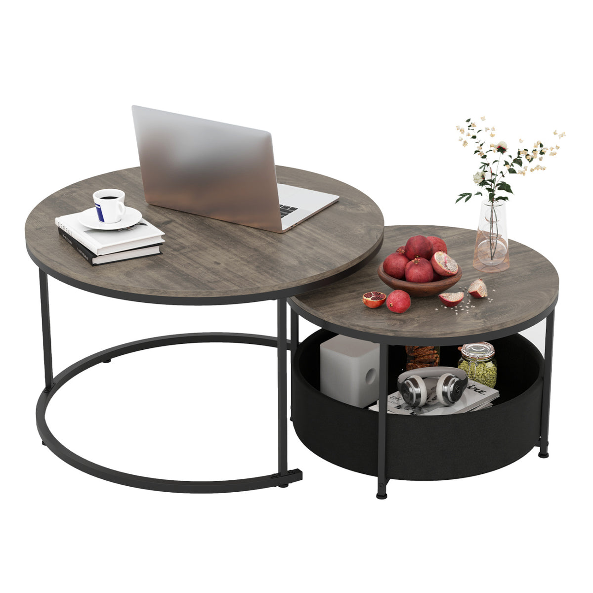 Round Coffee Table Set of 2 (31.5" & 24") with Storage Basket - Brown