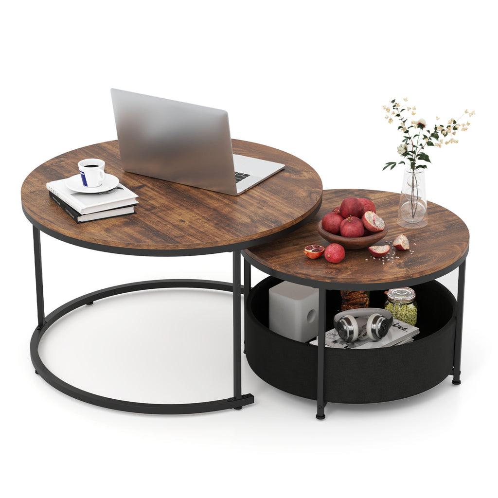 Round Coffee Table Set of 2 (31.5" & 24") with Storage Basket - Brown