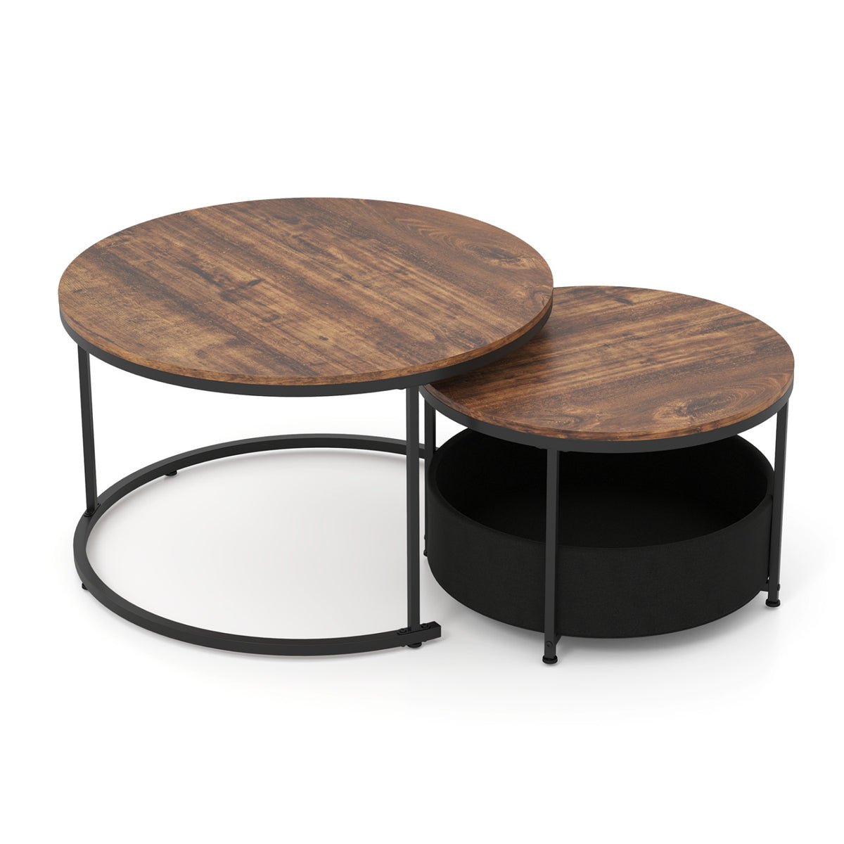 Round Coffee Table Set of 2 (31.5" & 24") with Storage Basket - Brown