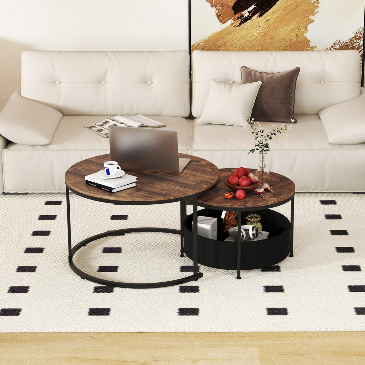 Round Coffee Table Set of 2 (31.5" & 24") with Storage Basket - Brown