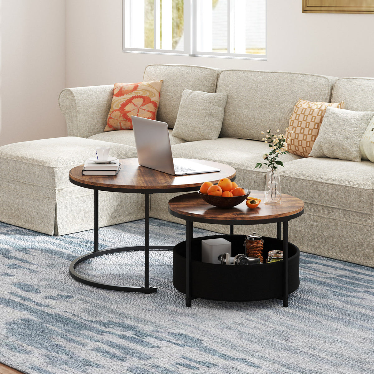 Round Coffee Table Set of 2 (31.5" & 24") with Storage Basket - Brown