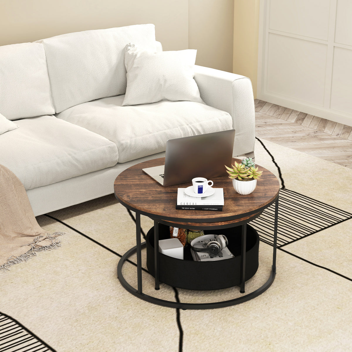 Round Coffee Table Set of 2 (31.5" & 24") with Storage Basket - Brown