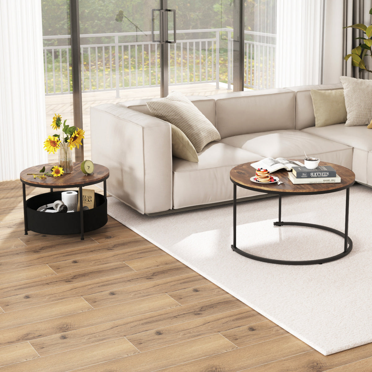 Round Coffee Table Set of 2 (31.5" & 24") with Storage Basket - Brown