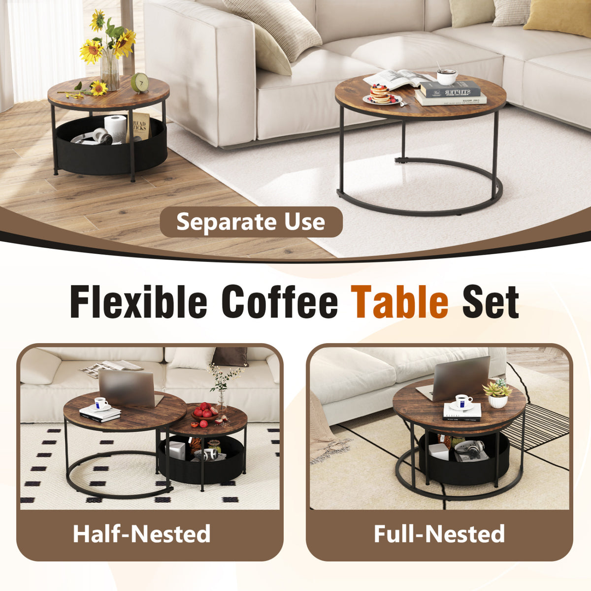 Round Coffee Table Set of 2 (31.5" & 24") with Storage Basket - Brown