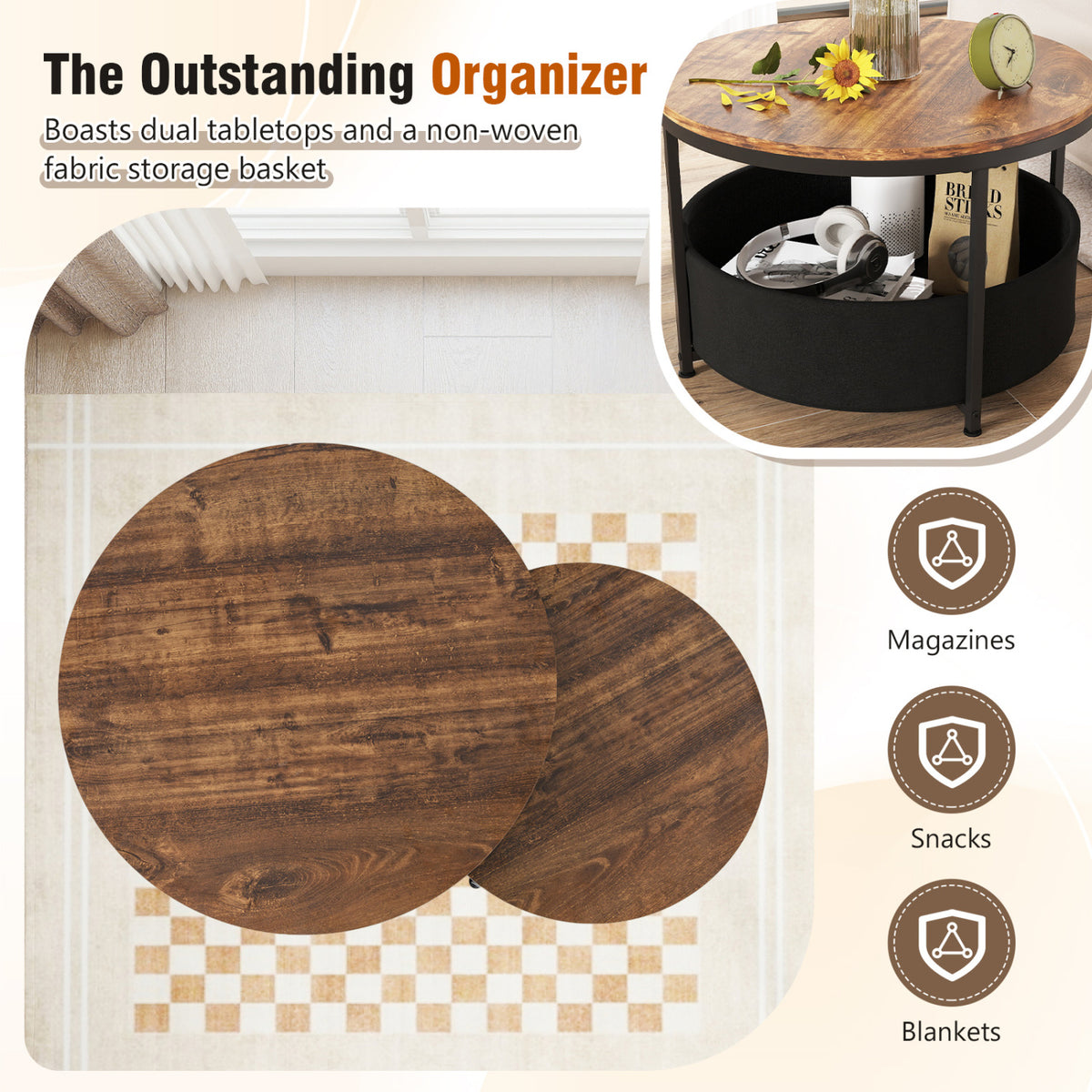 Round Coffee Table Set of 2 (31.5" & 24") with Storage Basket - Brown